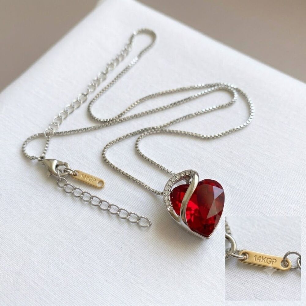 14K White Gold Plated Red Heart Crystal Pendant Necklace Valentines Anniversary